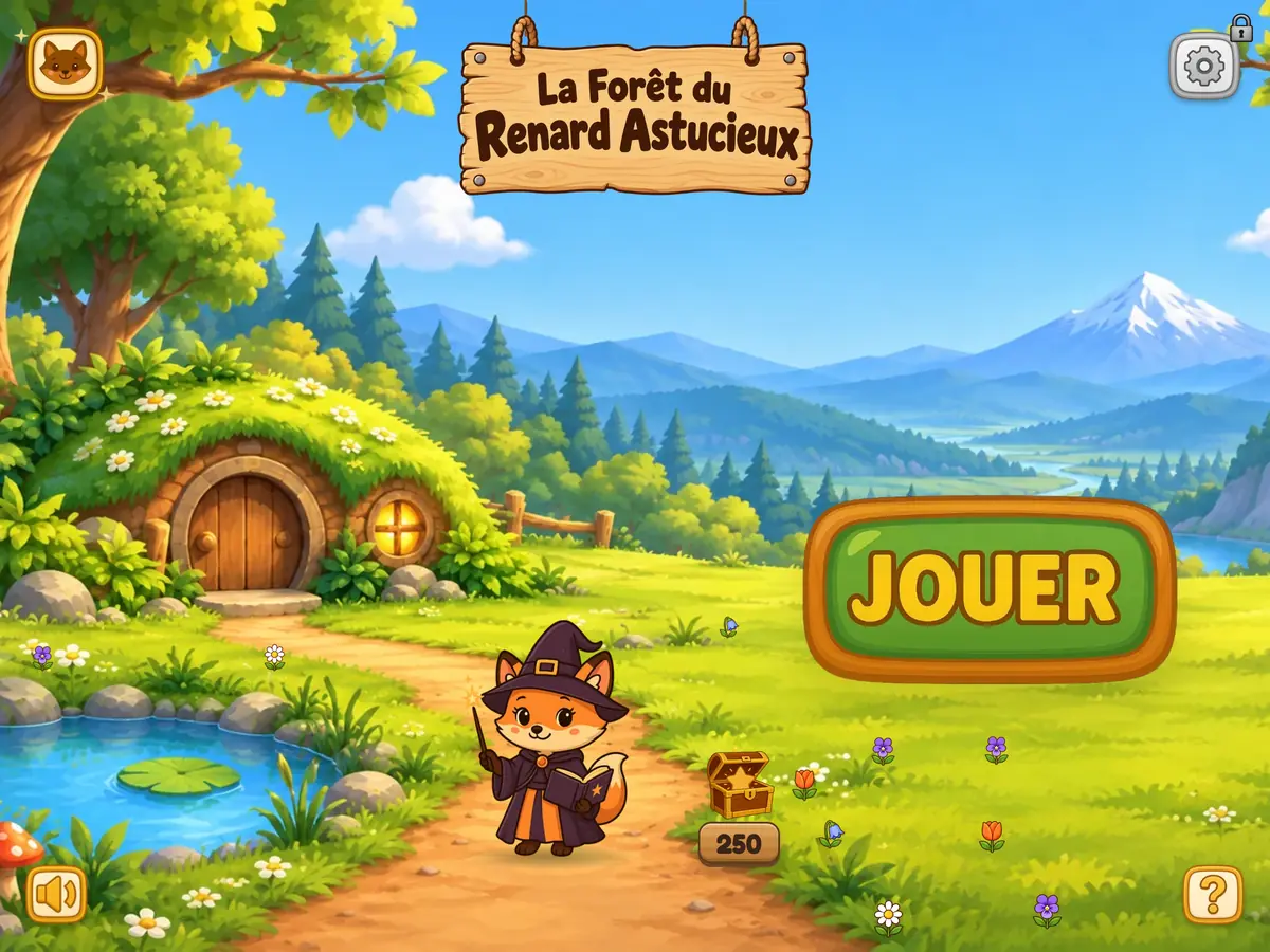 Le jeu sur tablette : la clairière, la maison du renard et la pancarte du jeu