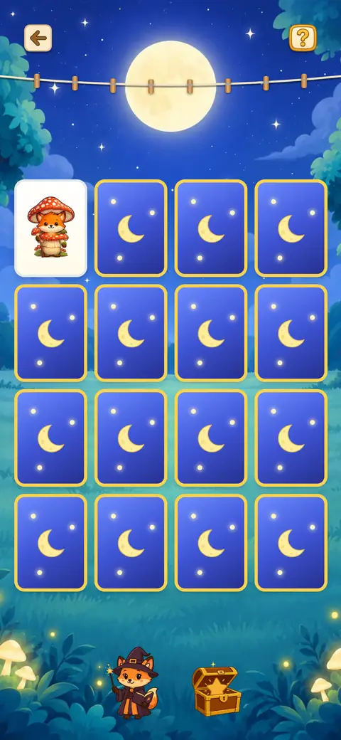 Capture du jeu Le Coffre du Renard : des cartes retournées sous une corde à linge