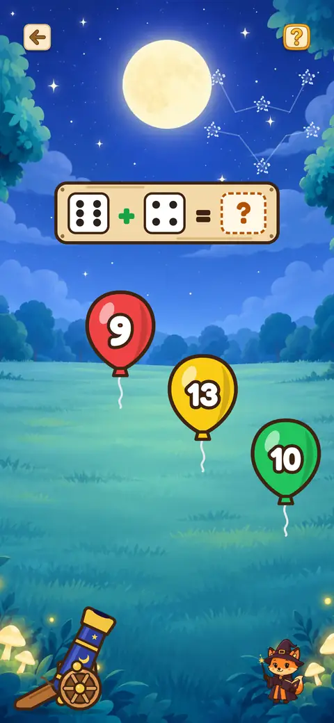 Capture du jeu Compte et Tire : des dés, des ballons numérotés et un canon sous la lune