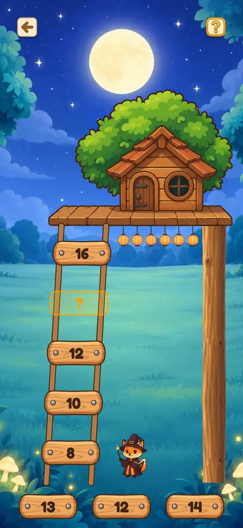 Capture du jeu L’Échelle des Nombres : une échelle numérotée menant à une cabane dans un arbre