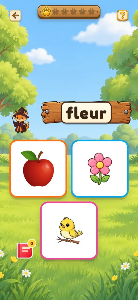 Capture du jeu Lis et Associe : le mot « fleur » sur une pancarte et trois images au choix, une pomme, une fleur et un oiseau