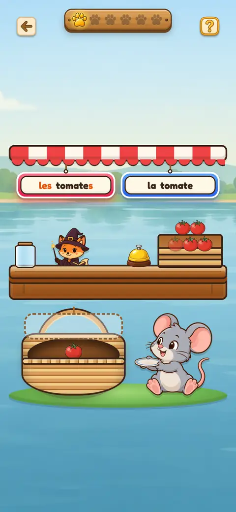 Capture du jeu Le Marché du Renard : un étal, une cliente et un panier à remplir