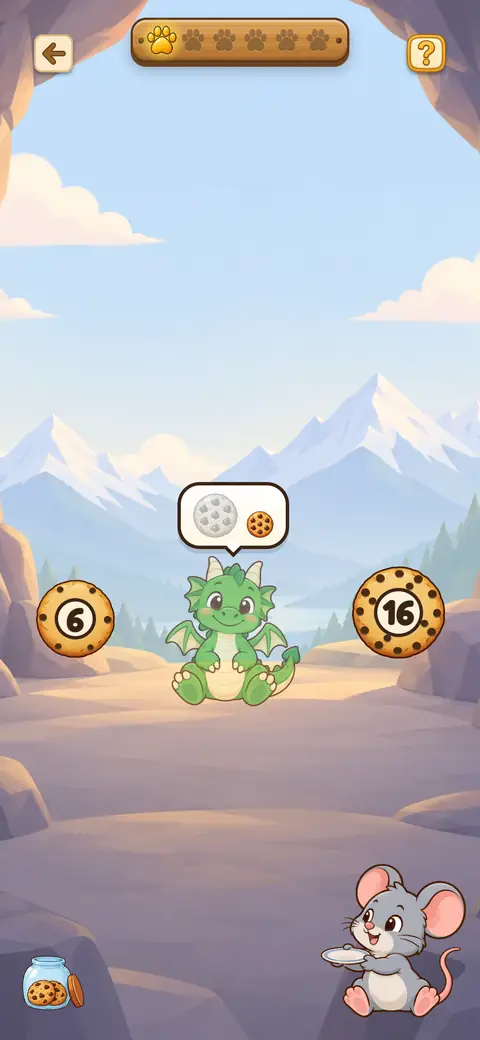 Capture du jeu Plus Grand, Plus Petit : un dragon, une souris et des biscuits numérotés