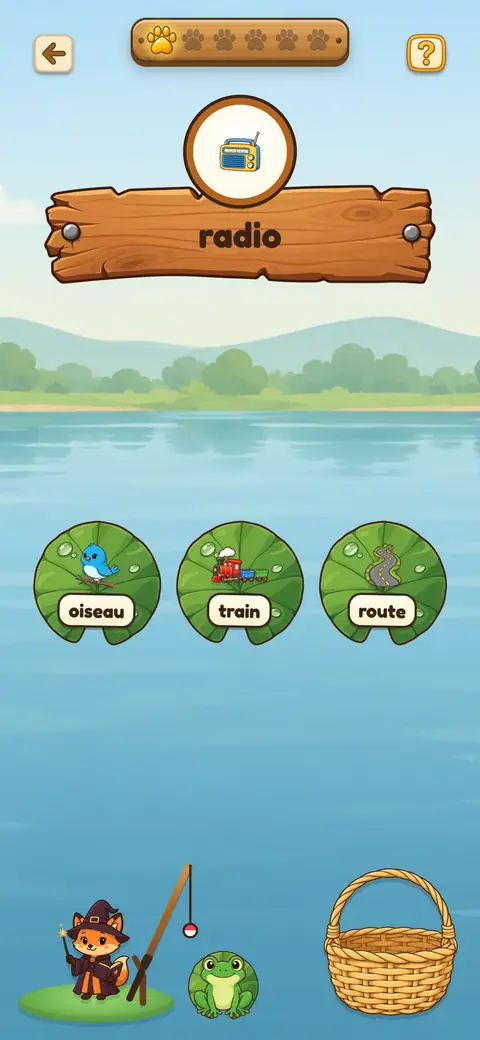 Capture du jeu La Rivière aux Rimes : un mot sur une pancarte et des nénuphars à pêcher