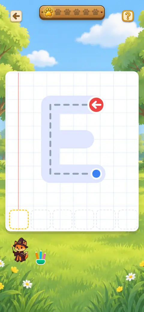 Capture du jeu Tracé de Lettres : une lettre à tracer du point rouge au point bleu sur un cahier
