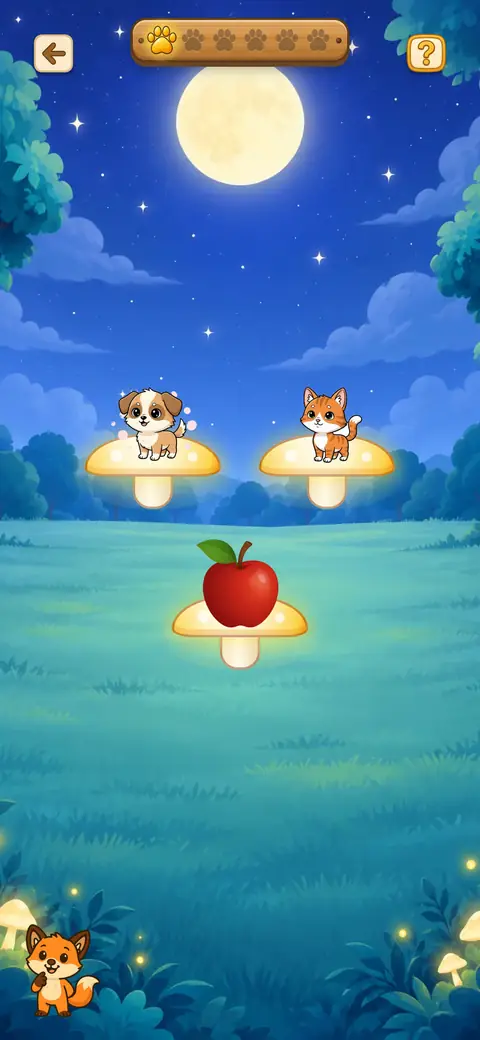 Capture du jeu Trouve l’Intrus : un chien, un chat et une pomme sur des champignons lumineux, la pomme est l’intrus